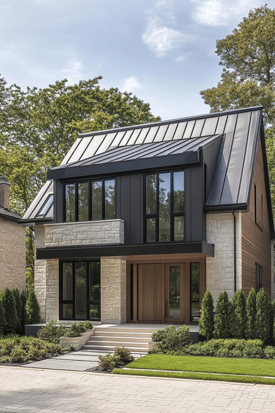 Modern house with black accents and stone facade