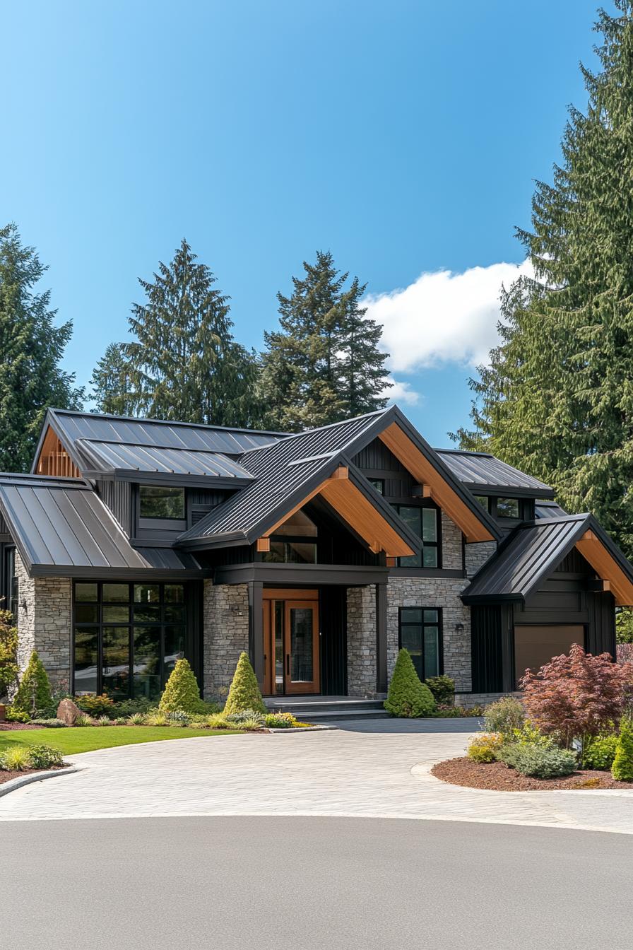 Modern house with a stone facade and dark roof surrounded by tall trees