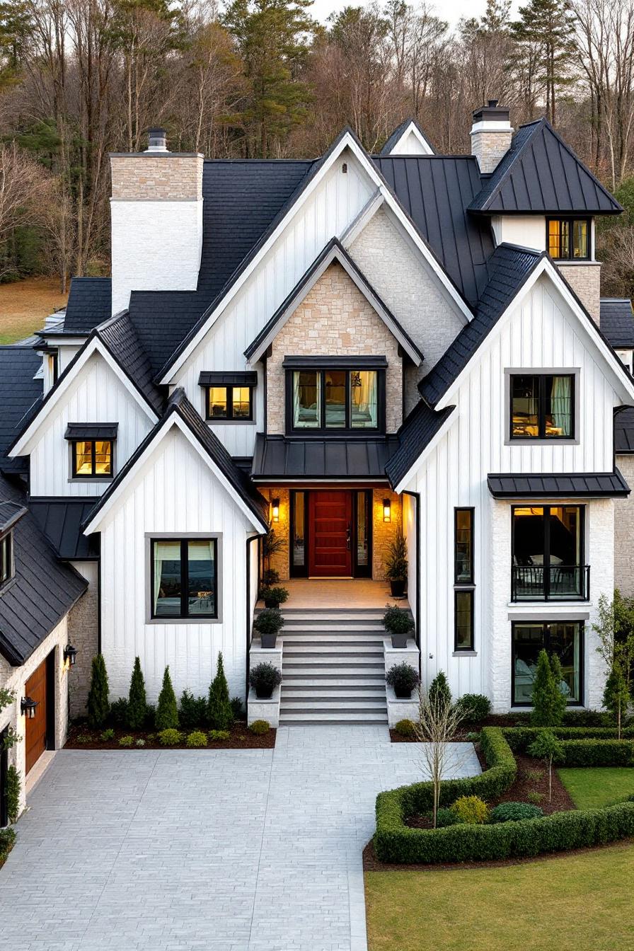 Exquisite white house with black accents and lush landscaping