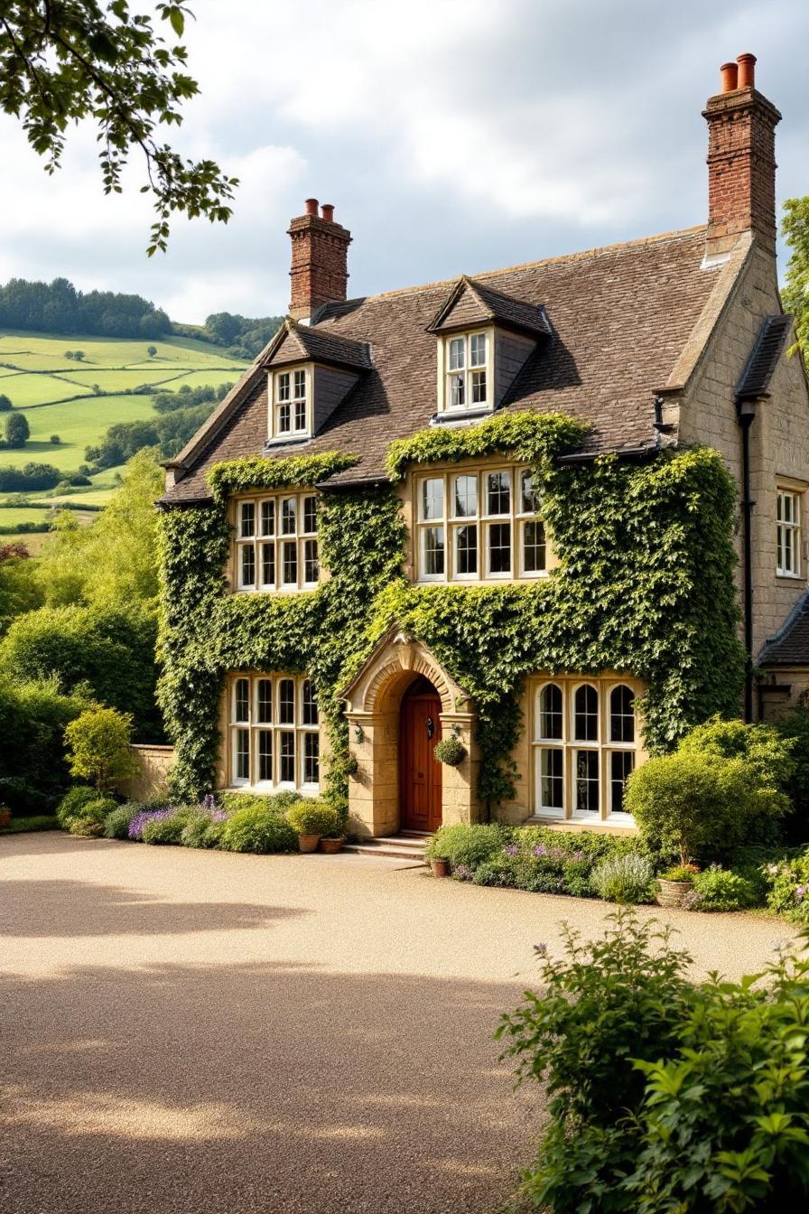 Ivy-covered country house with sloping roof and tall chimneys