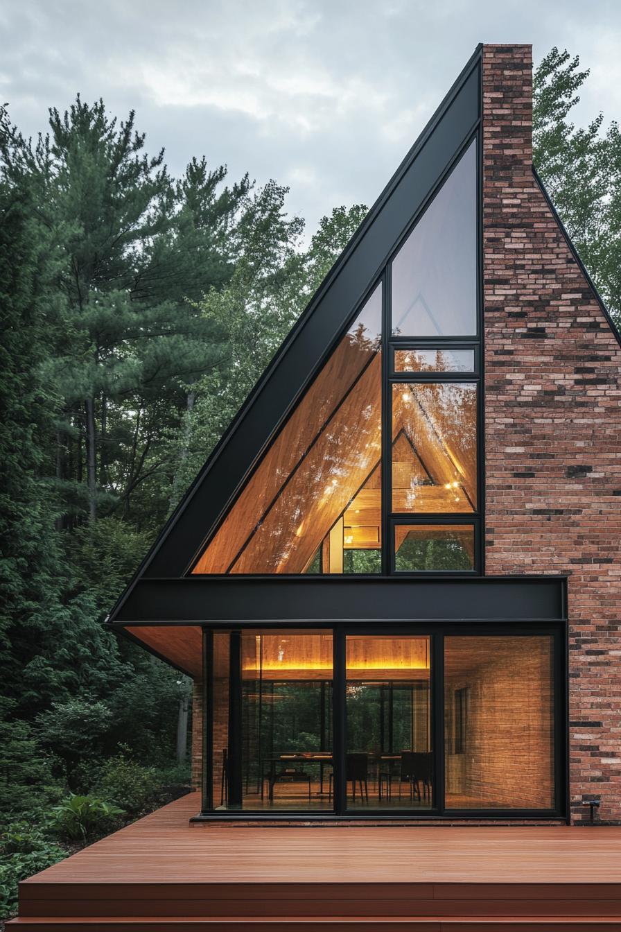 A-frame house with brickwork and large windows in a forest setting