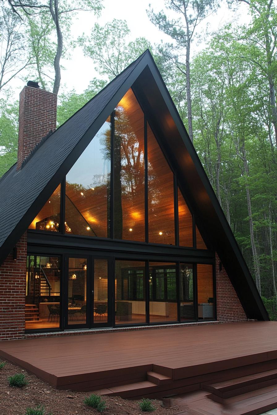 A-Frame cabin with large glass windows nestled in the woods