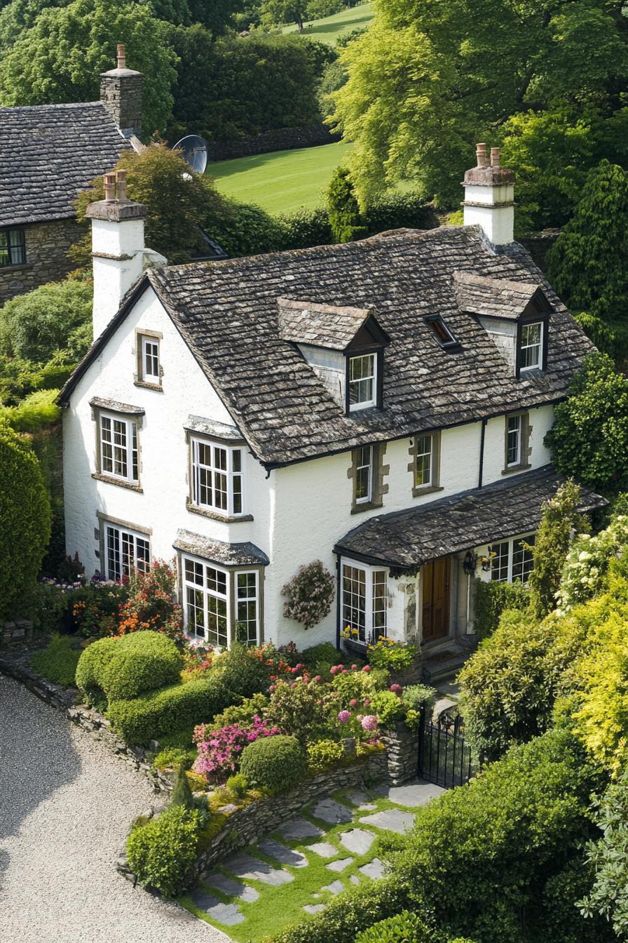 White manor with stone roof among colorful gardens