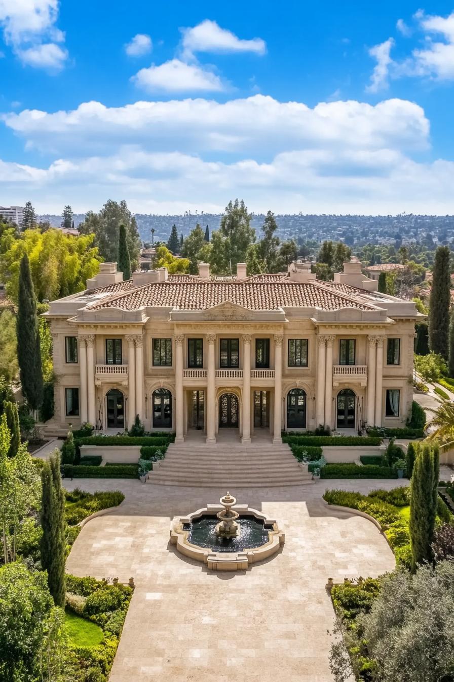 Large mansion with classical columns and a central fountain