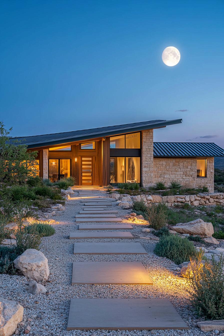 A modern ranch house with a wooden pathway and glowing lights, under a full moon