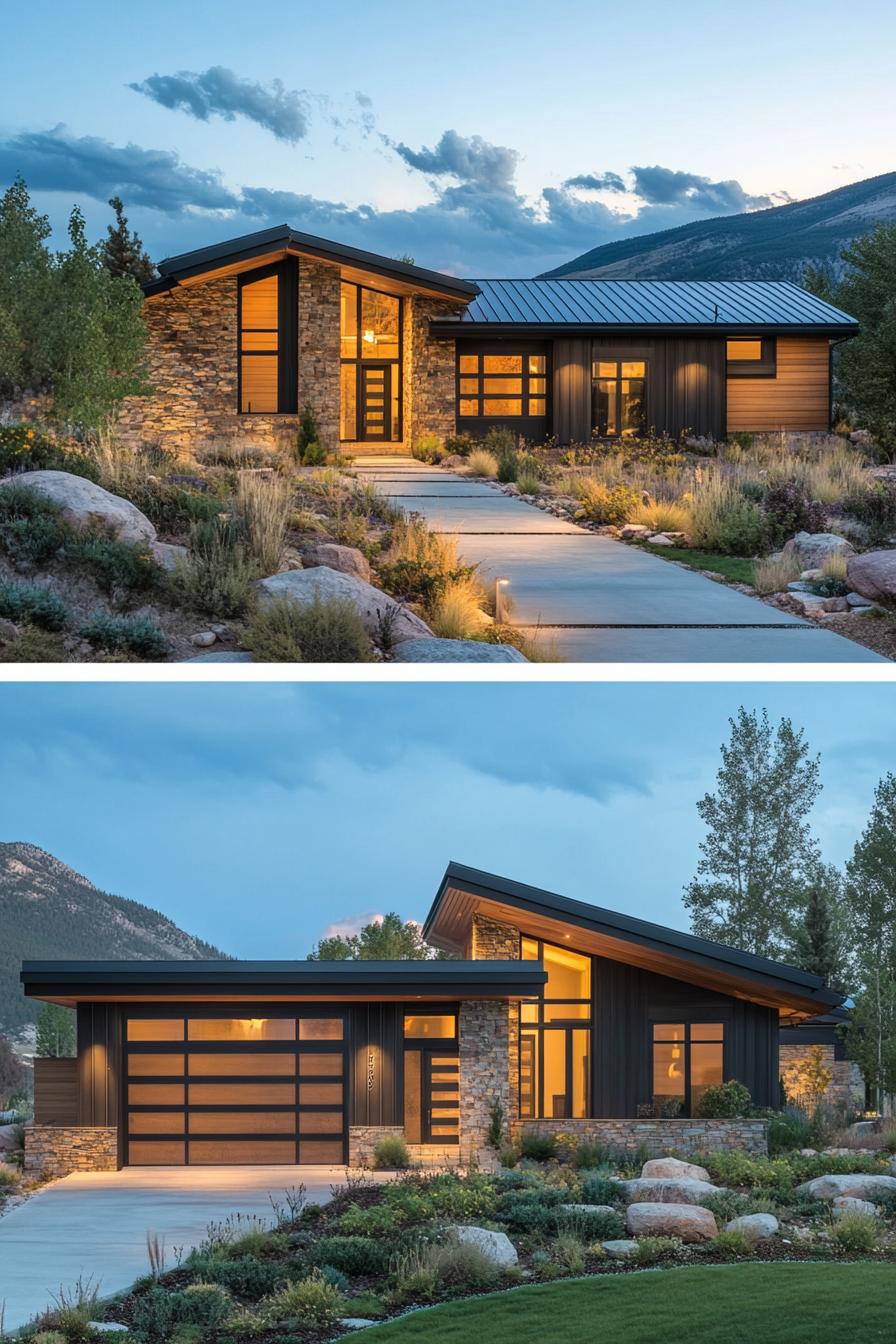 Modern ranch house with stone and glass elements at dusk