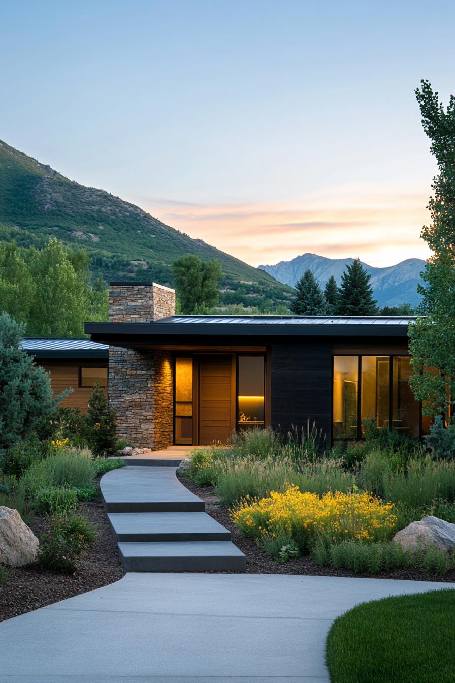 Modern rancher with sleek design and lush garden