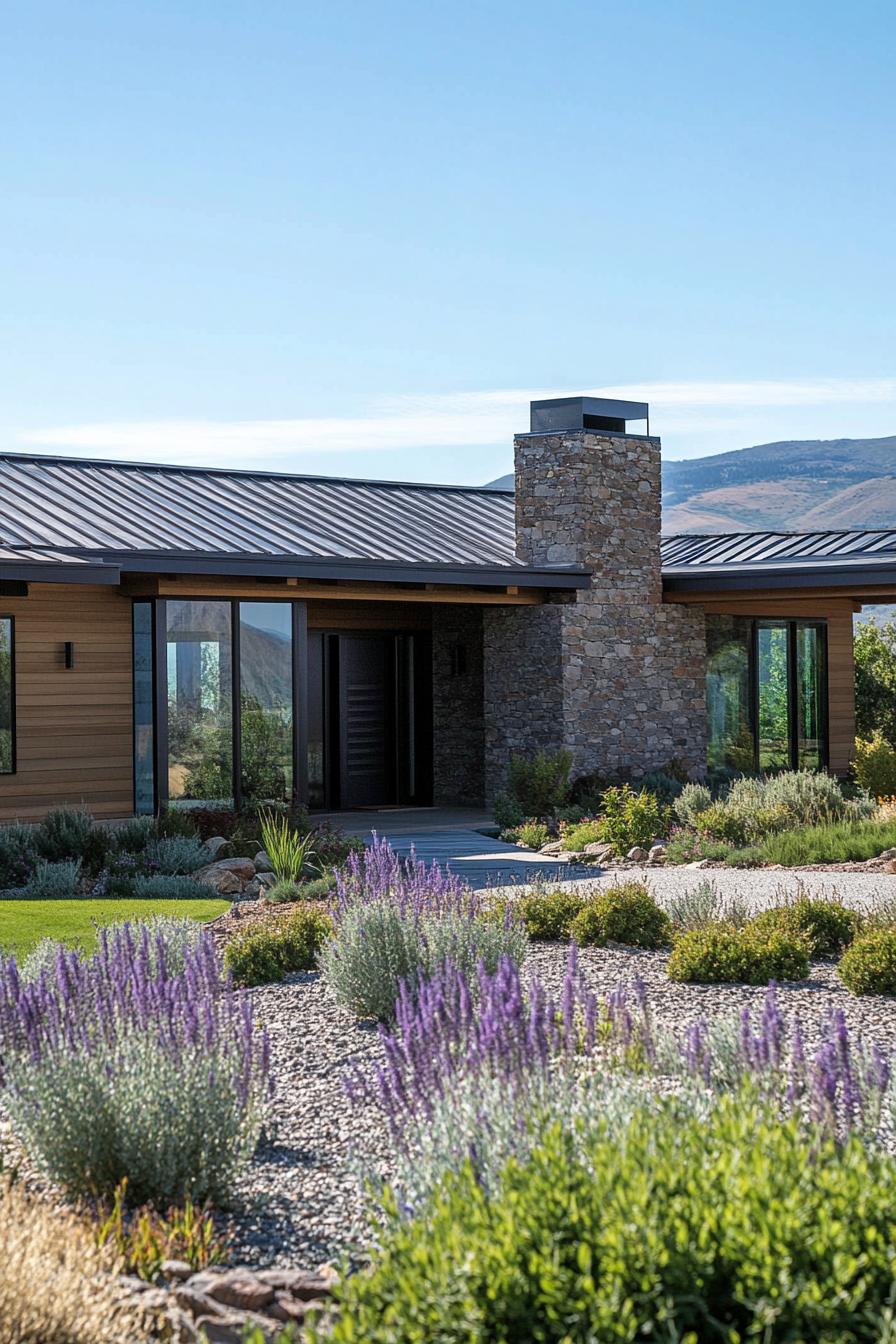 Modern ranch home with stone chimney and garden