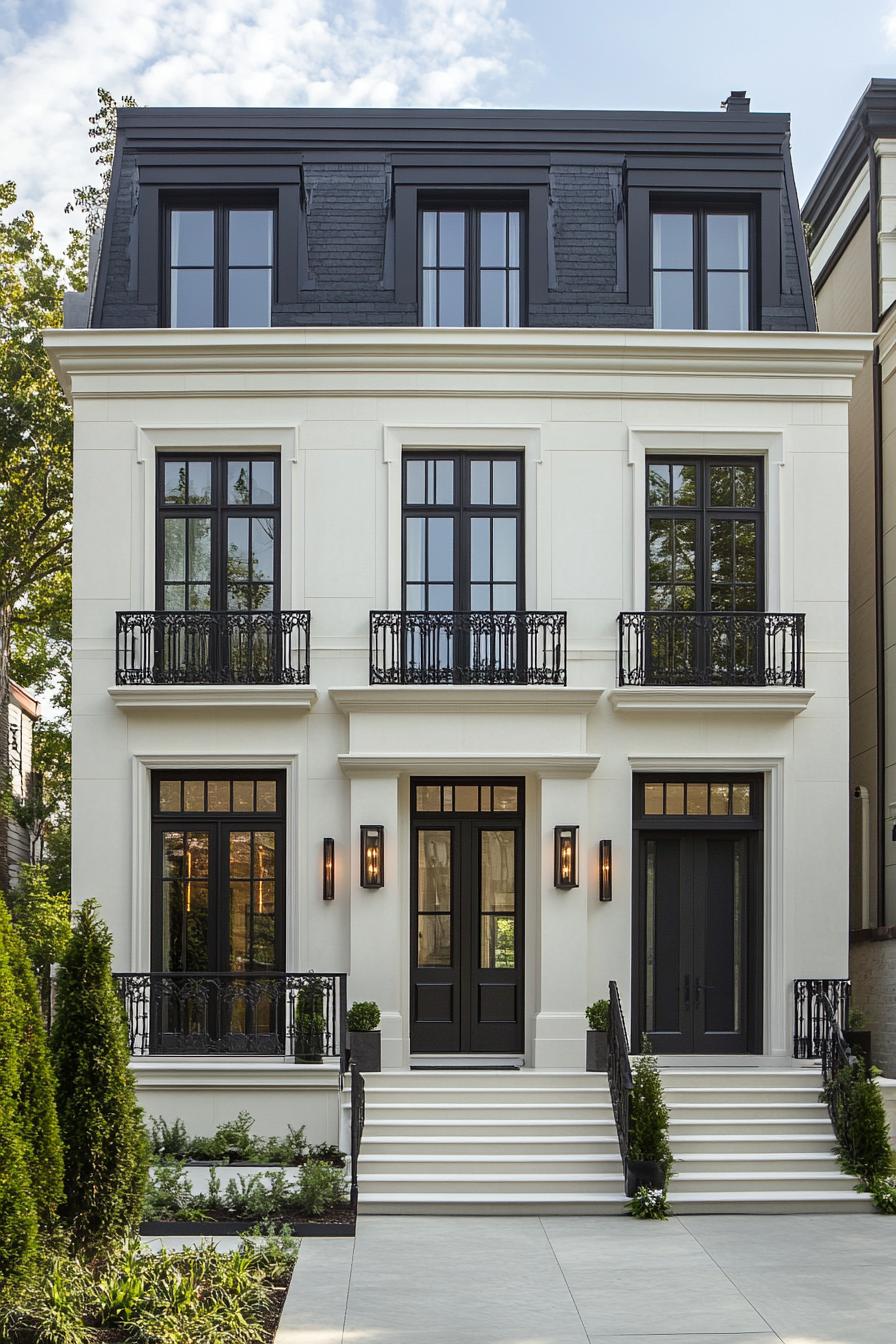 Sleek townhouse facade with black windows and white walls