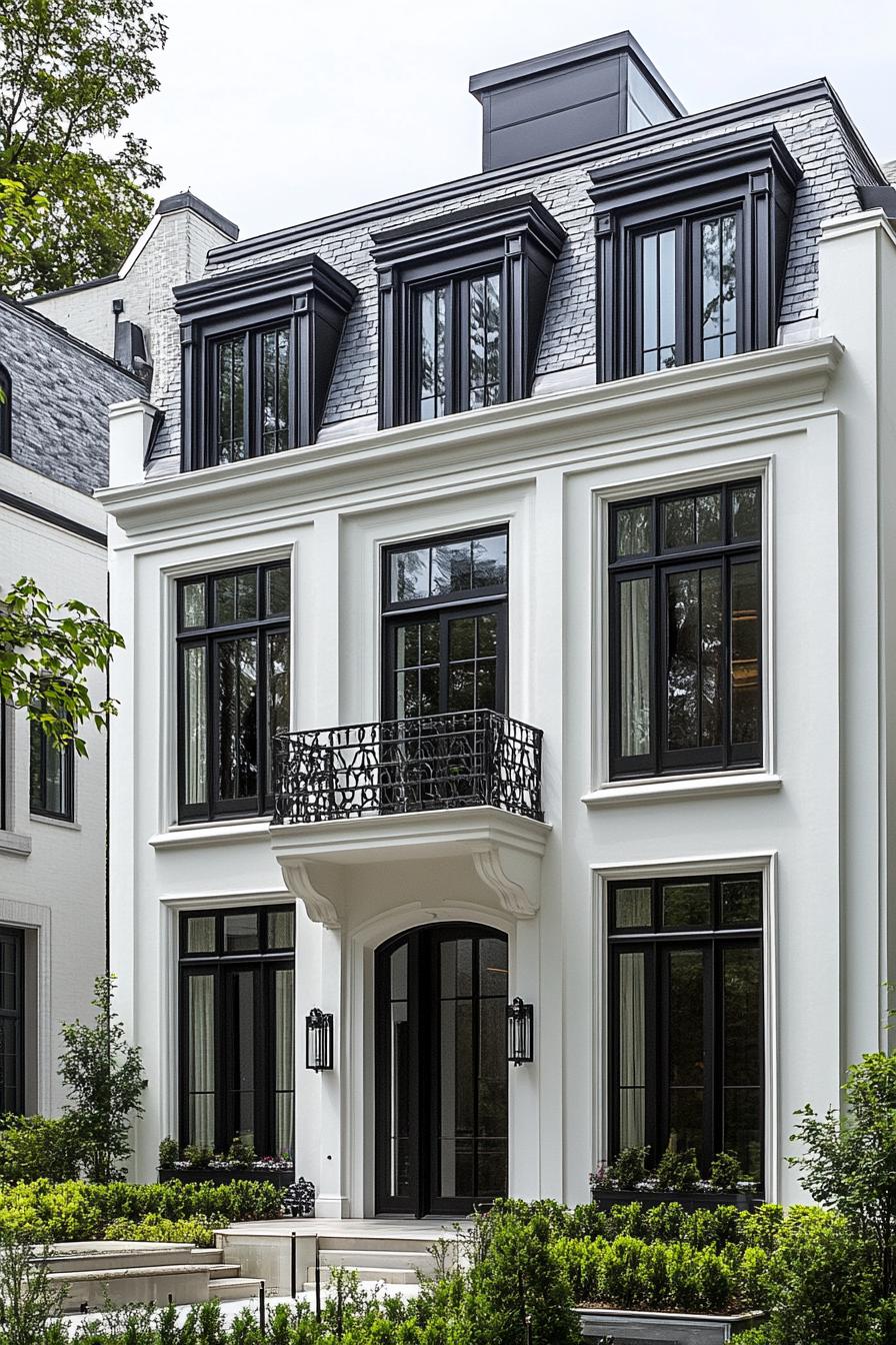 Elegant white townhouse with black windows and a balcony