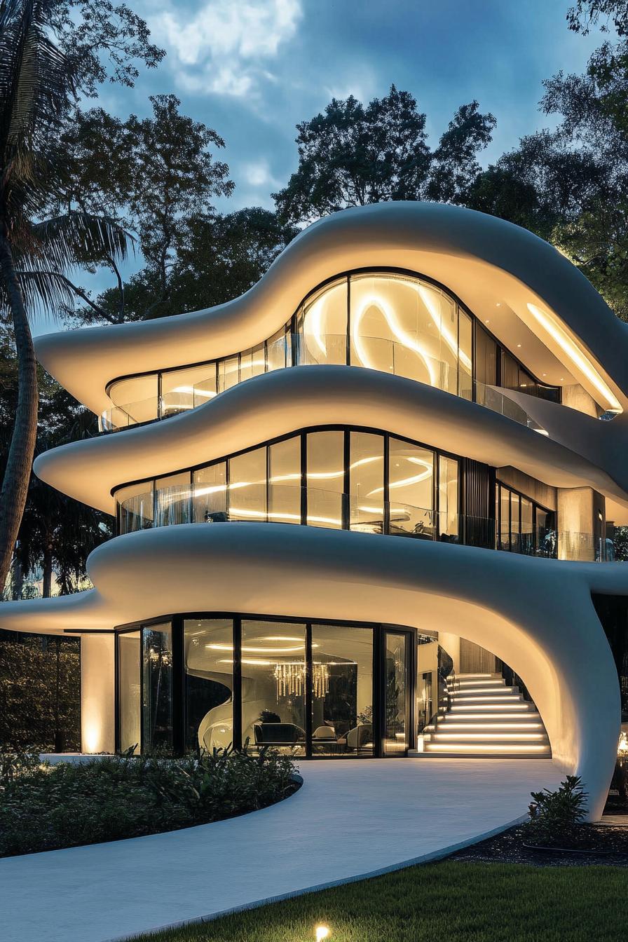 Futuristic house with wavy contours and glowing interior