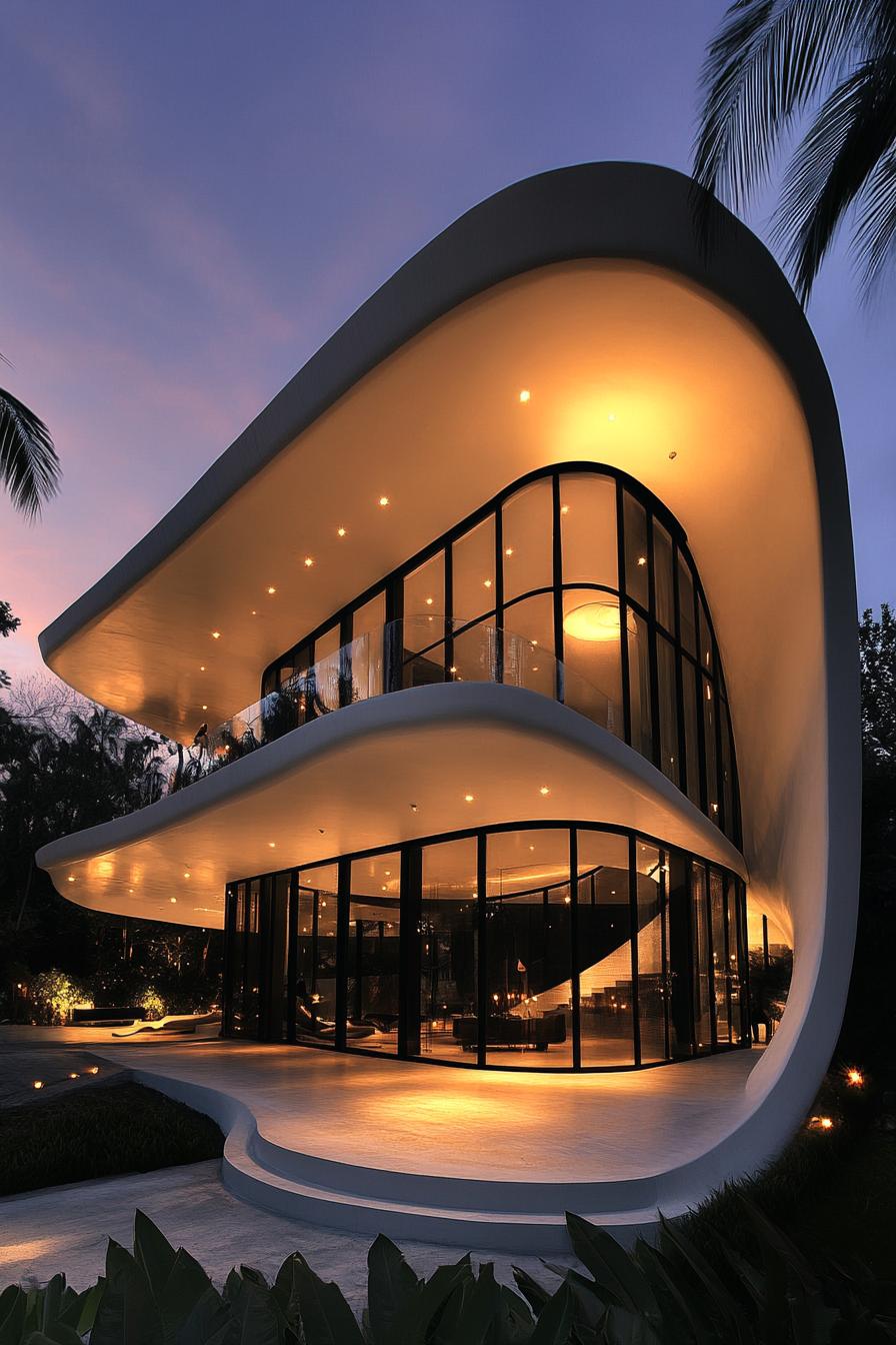 Curved modern house with glass walls illuminated at dusk