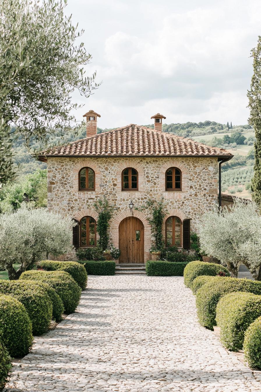 Charming Tuscan stone house with cobblestone path and greenery