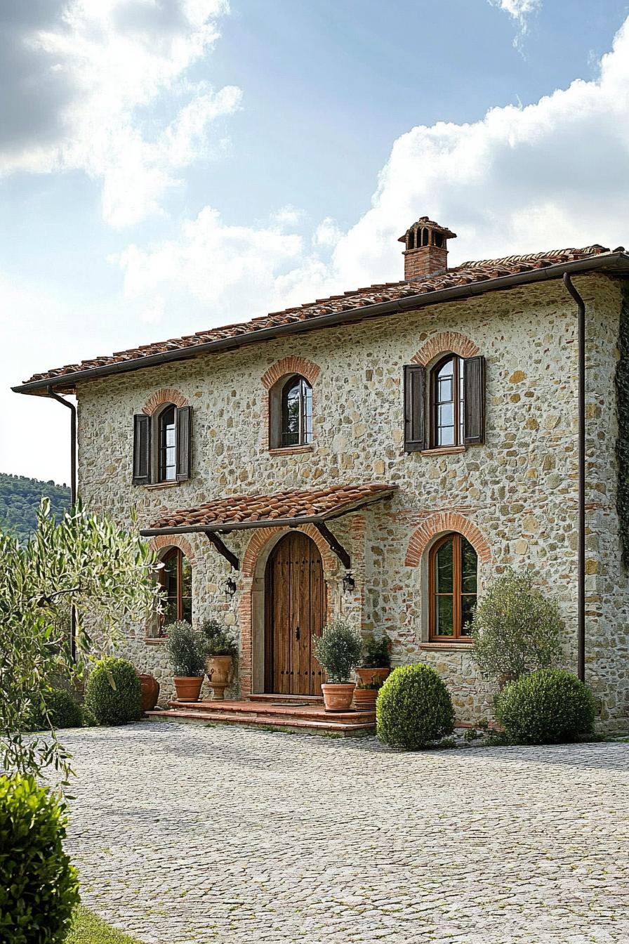 Tuscan stone house with arch windows and lush garden