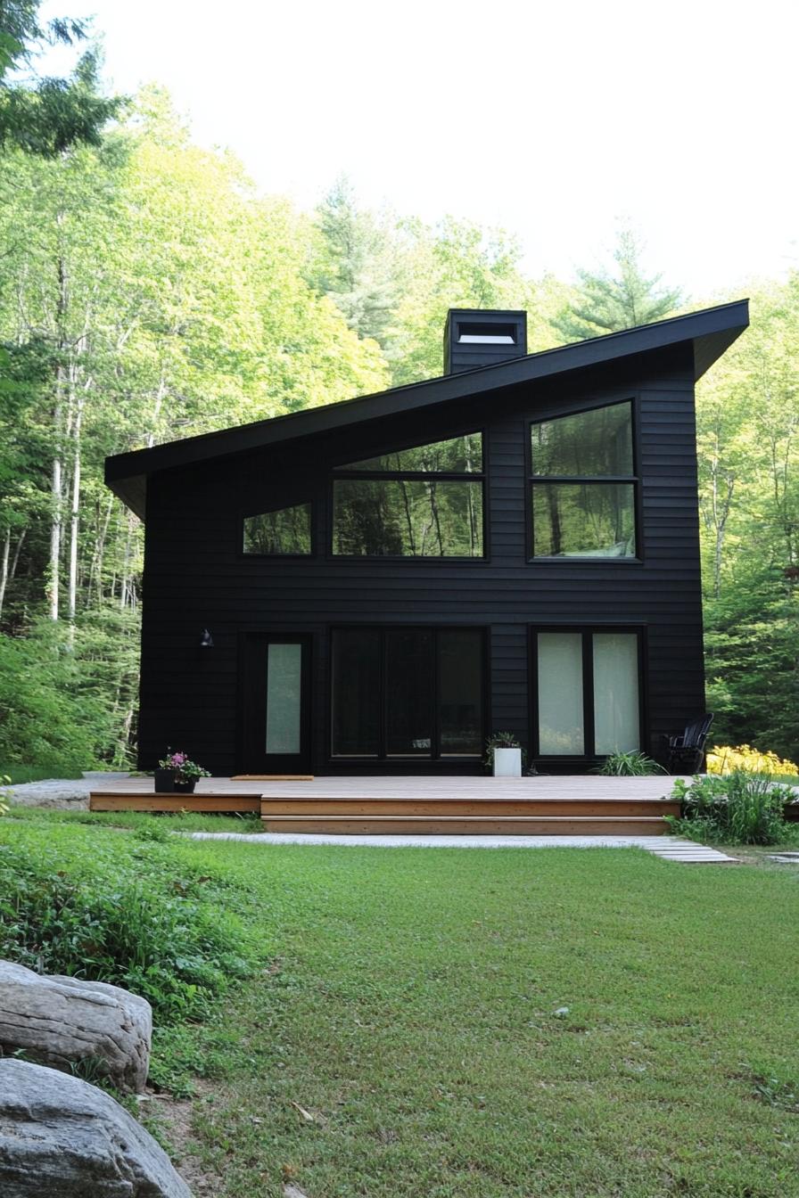 Modern black house with large windows surrounded by lush greenery