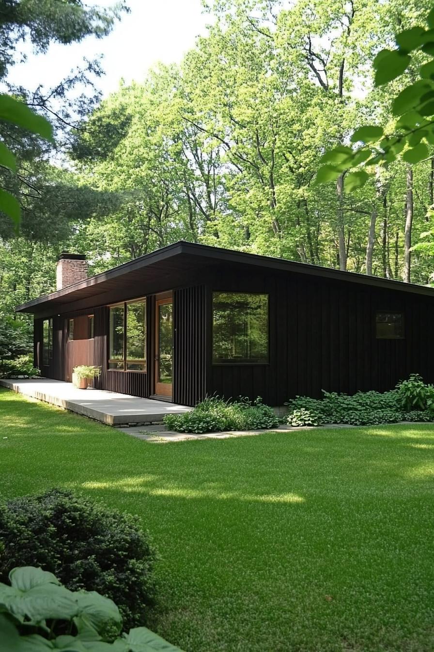 Chic black home surrounded by lush trees