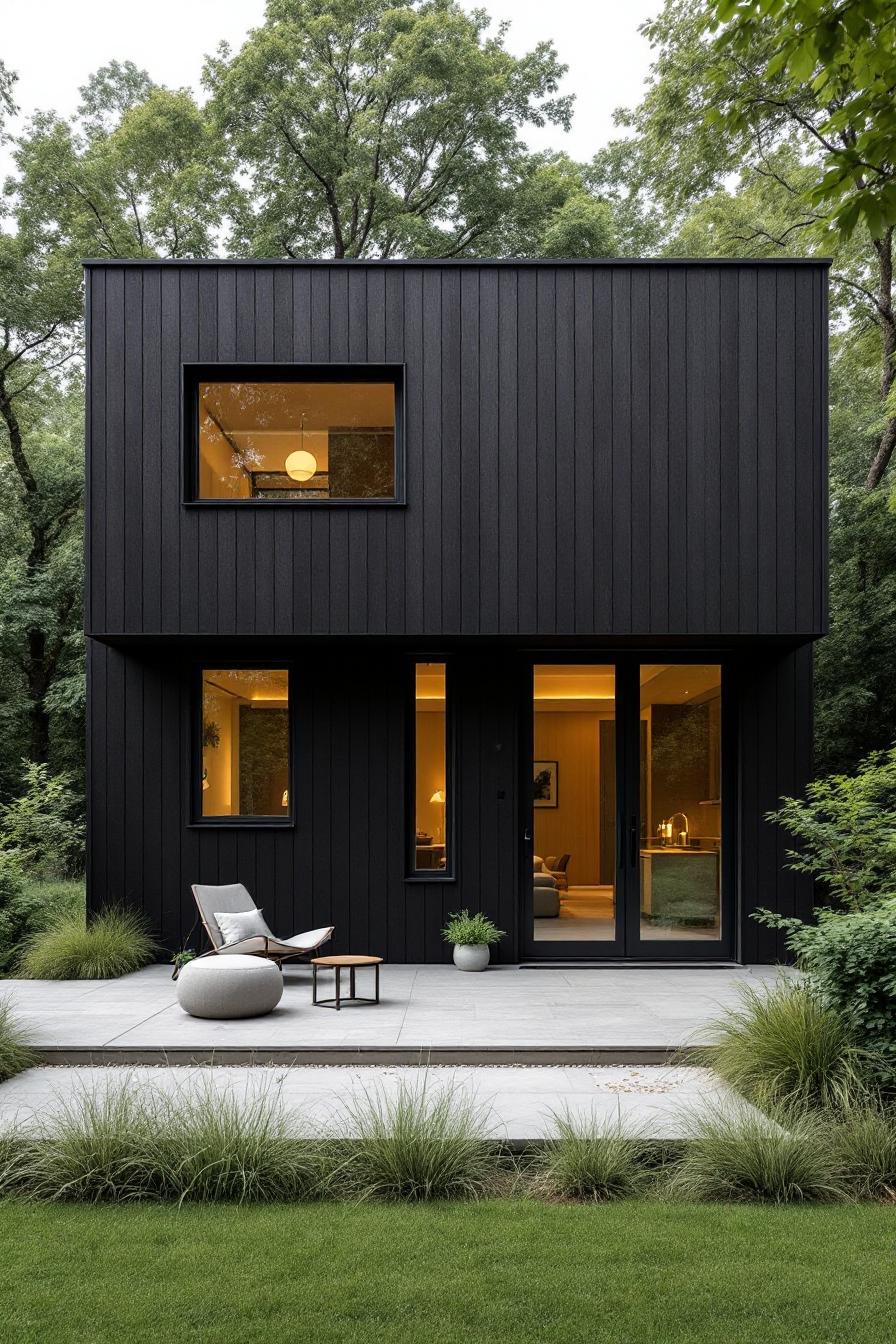 Black modern house surrounded by lush trees