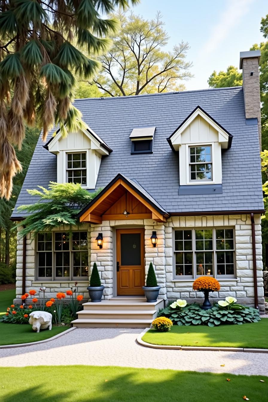 Front of stone cottage with lush garden and triangular roof