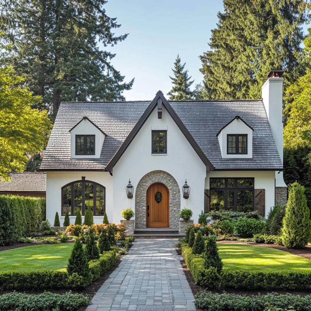 Charming white cottage with gabled roof and wooden door