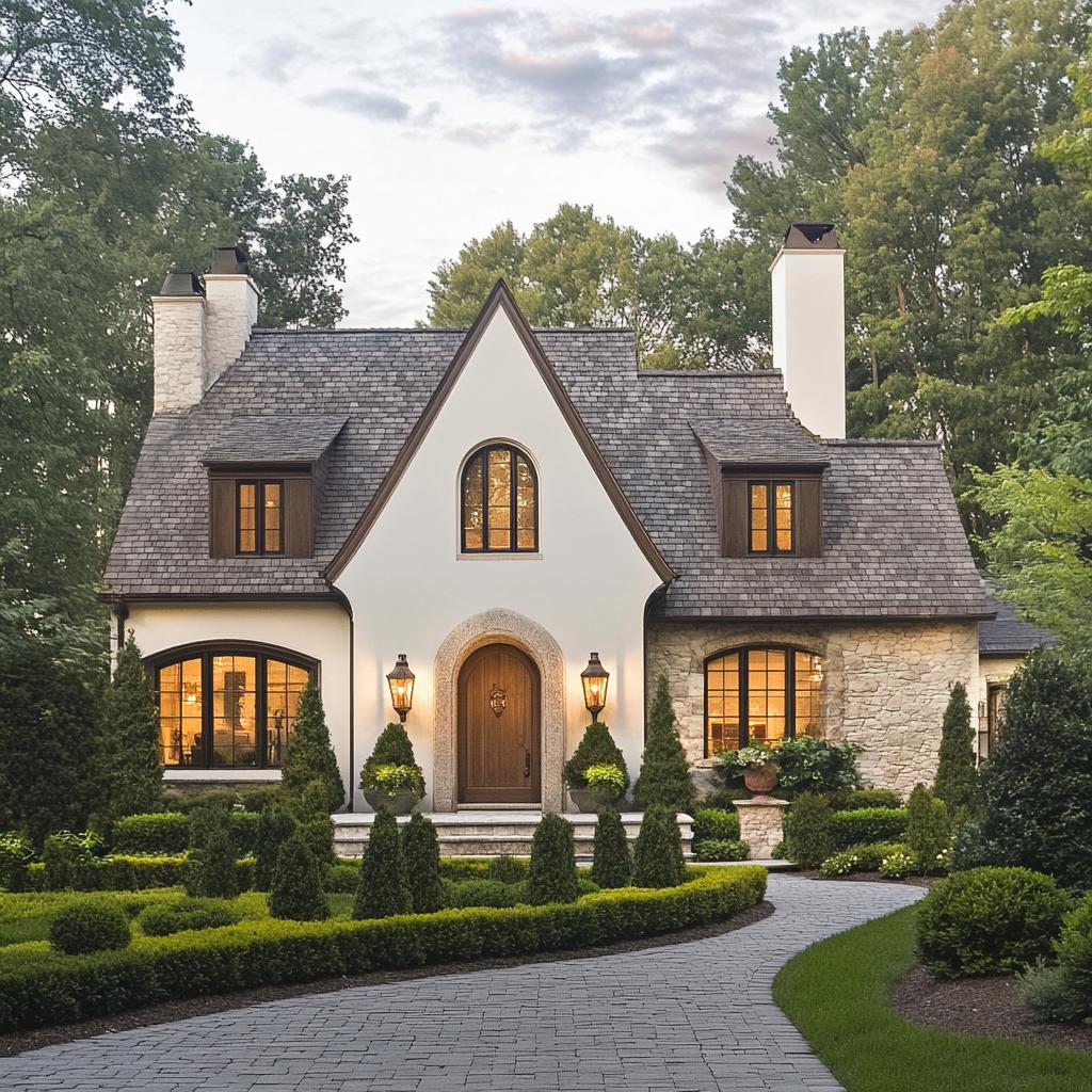 Arcadian cottage with lamps and lush garden pathway