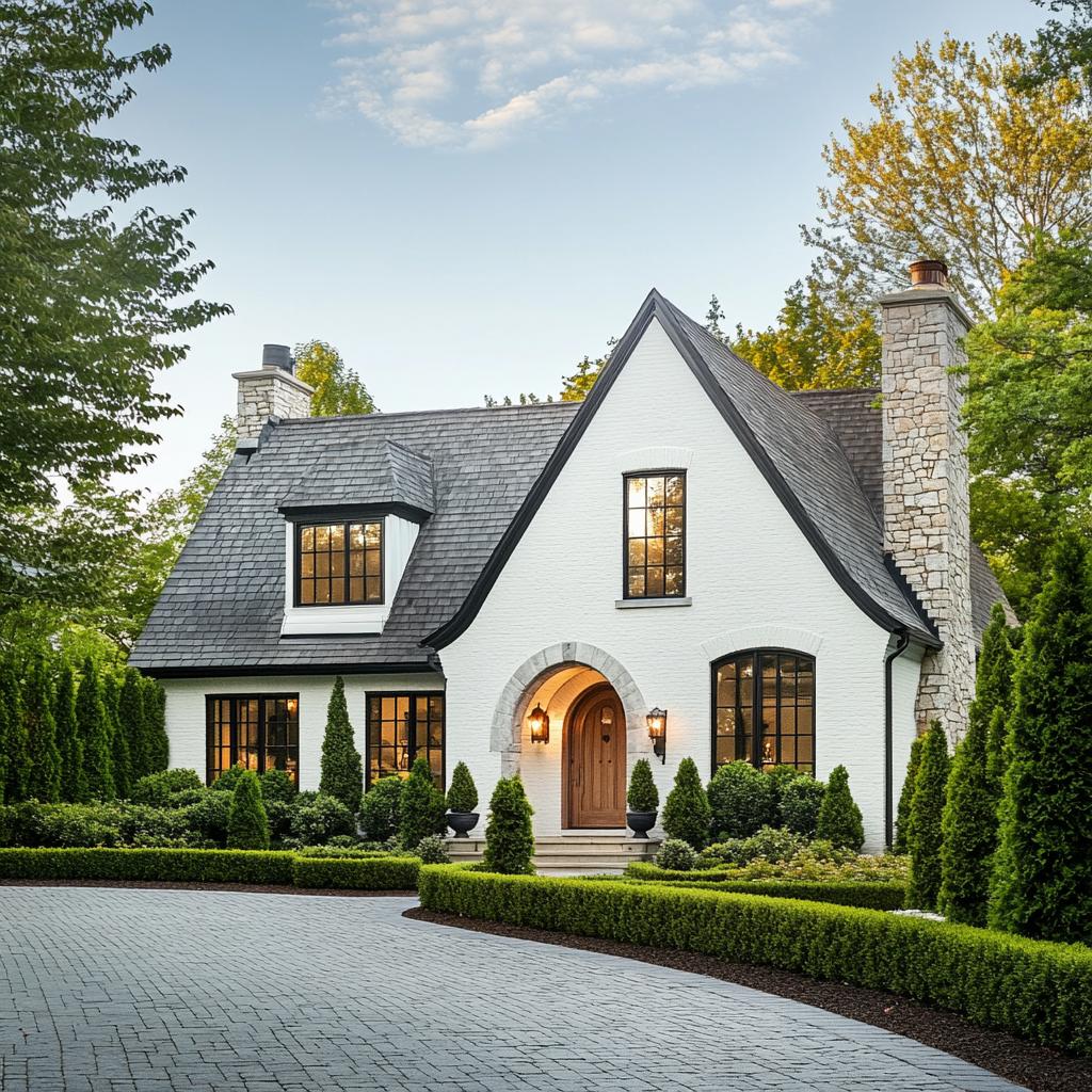 White brick house with arched doorway and lush greenery