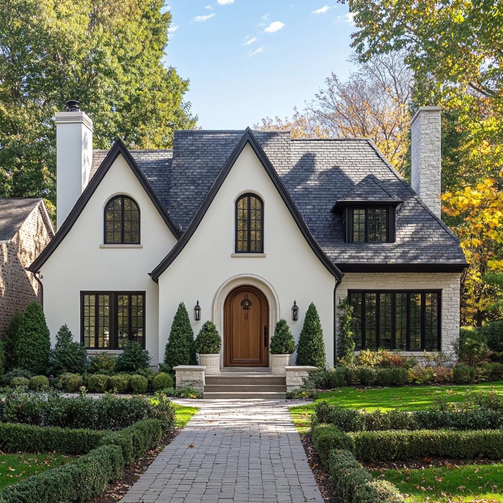 Classic cottage with a distinctive roof and lush greenery