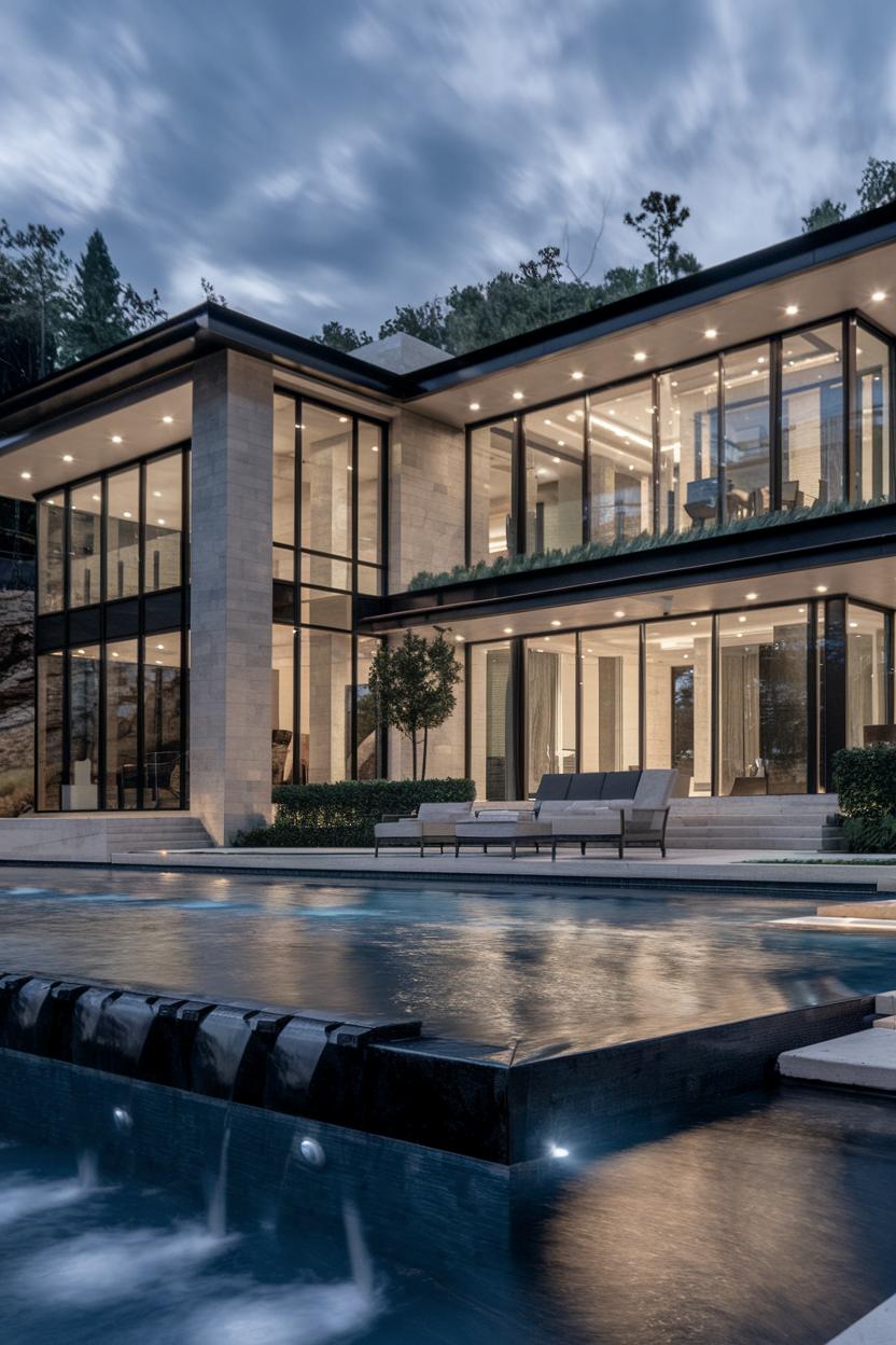 Modern house with large windows beside a shimmering pool