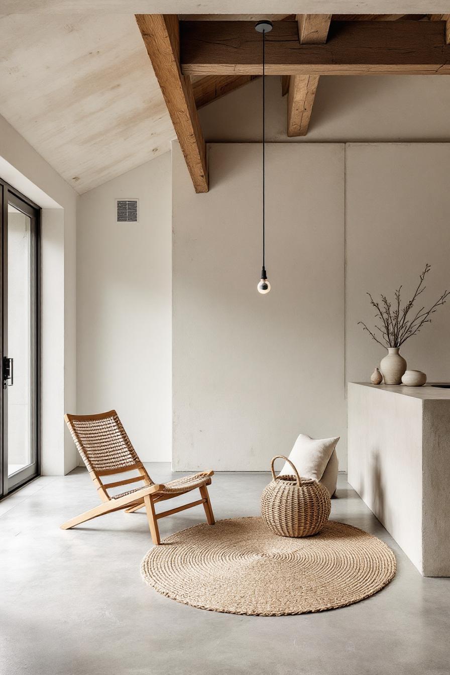 Minimalistic interior with wicker chair and basket on a round rug