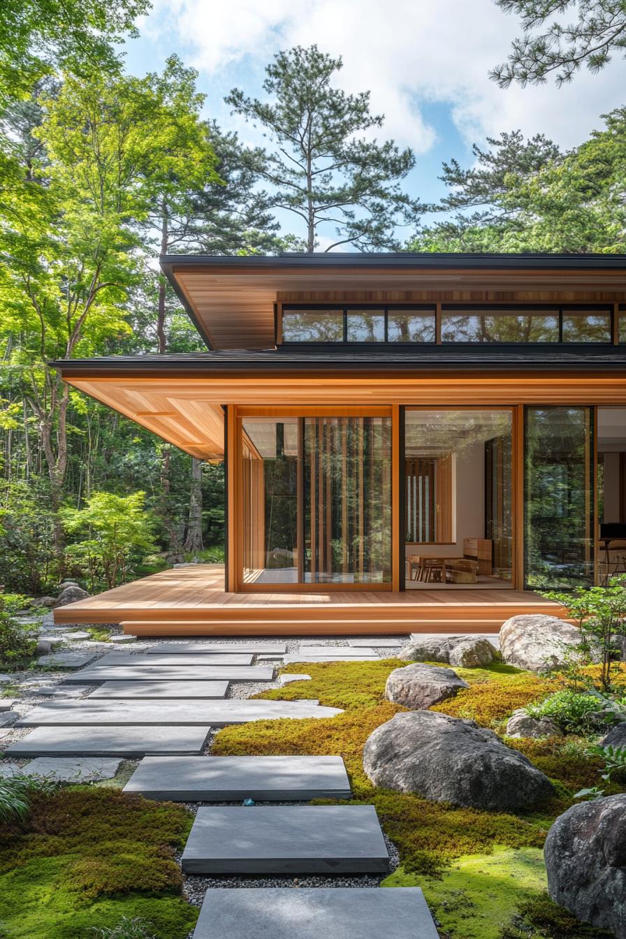 Modern minimalist house with glass walls surrounded by nature