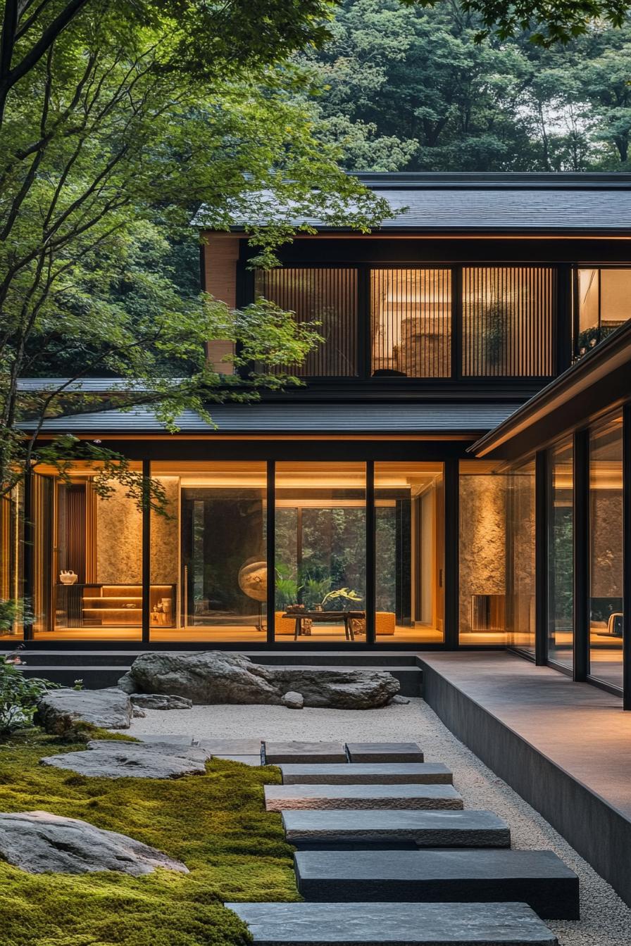 A Japanese minimalist house nestled in lush greenery