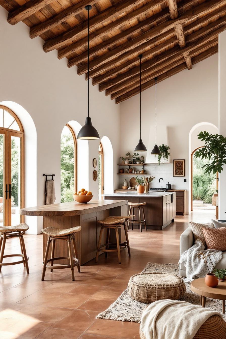 Wooden beams and arches in a bright Spanish-style kitchen