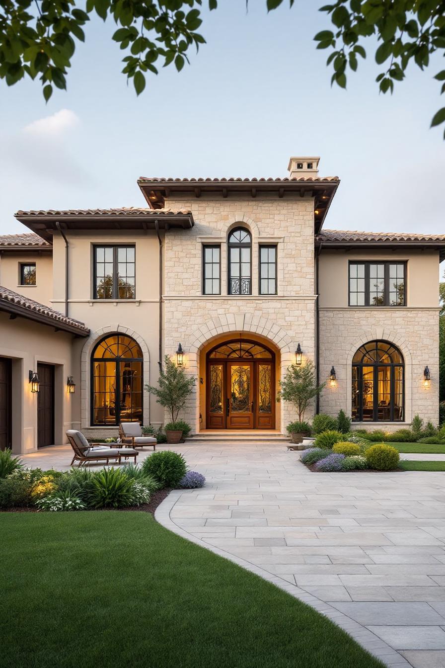 Stately stone Tuscan house with arched windows and lush garden