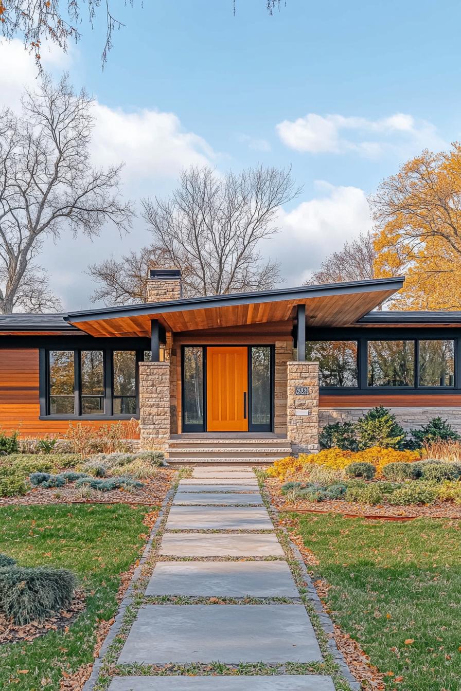 Modern craftsman house with vivid door and stone facade