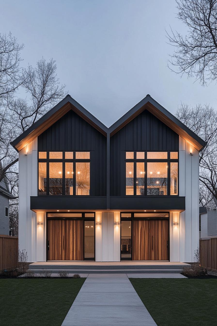 Modern duplex with large windows and dual peaked roof