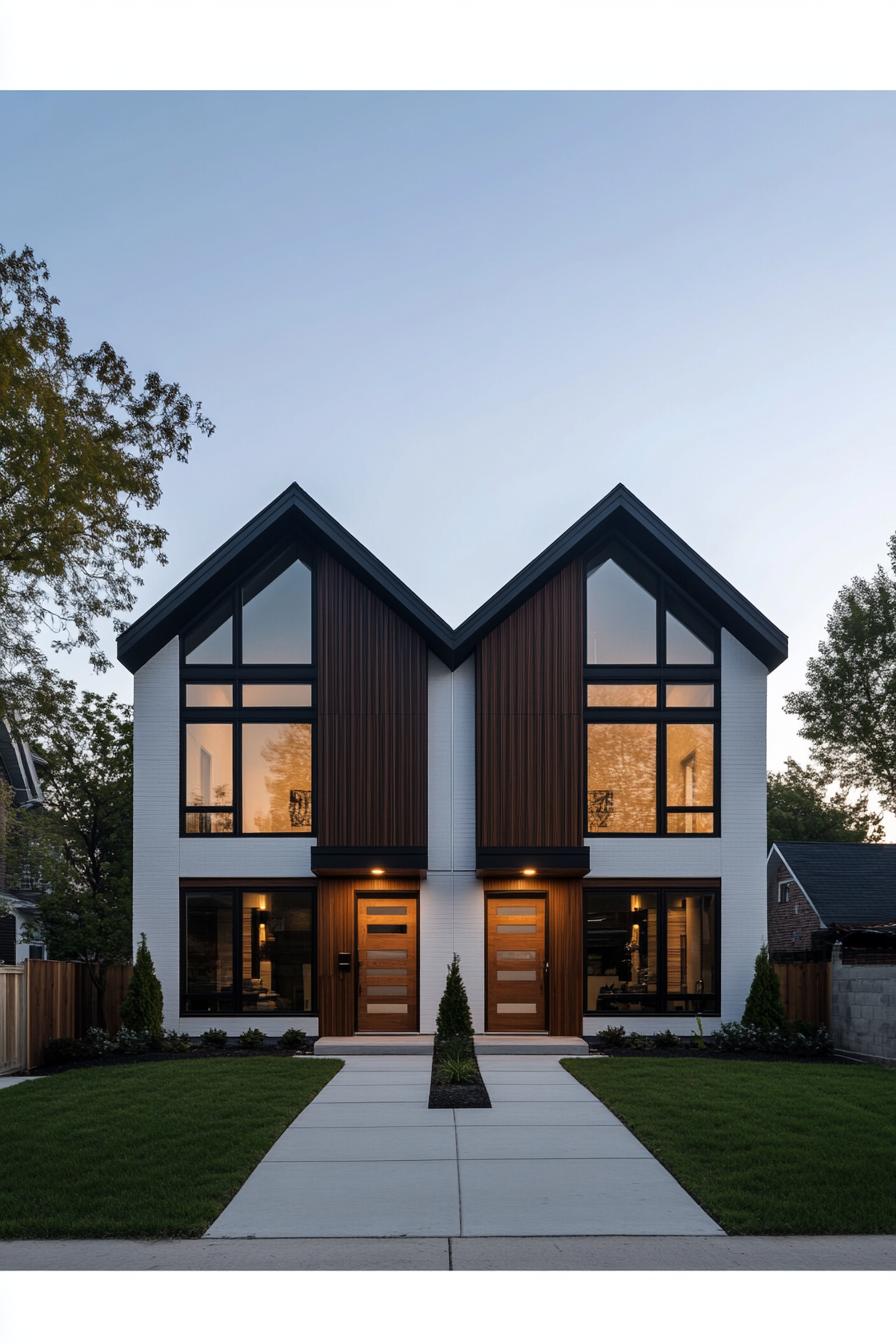 Modern duplex with large windows, wooden panels, and gabled roofs