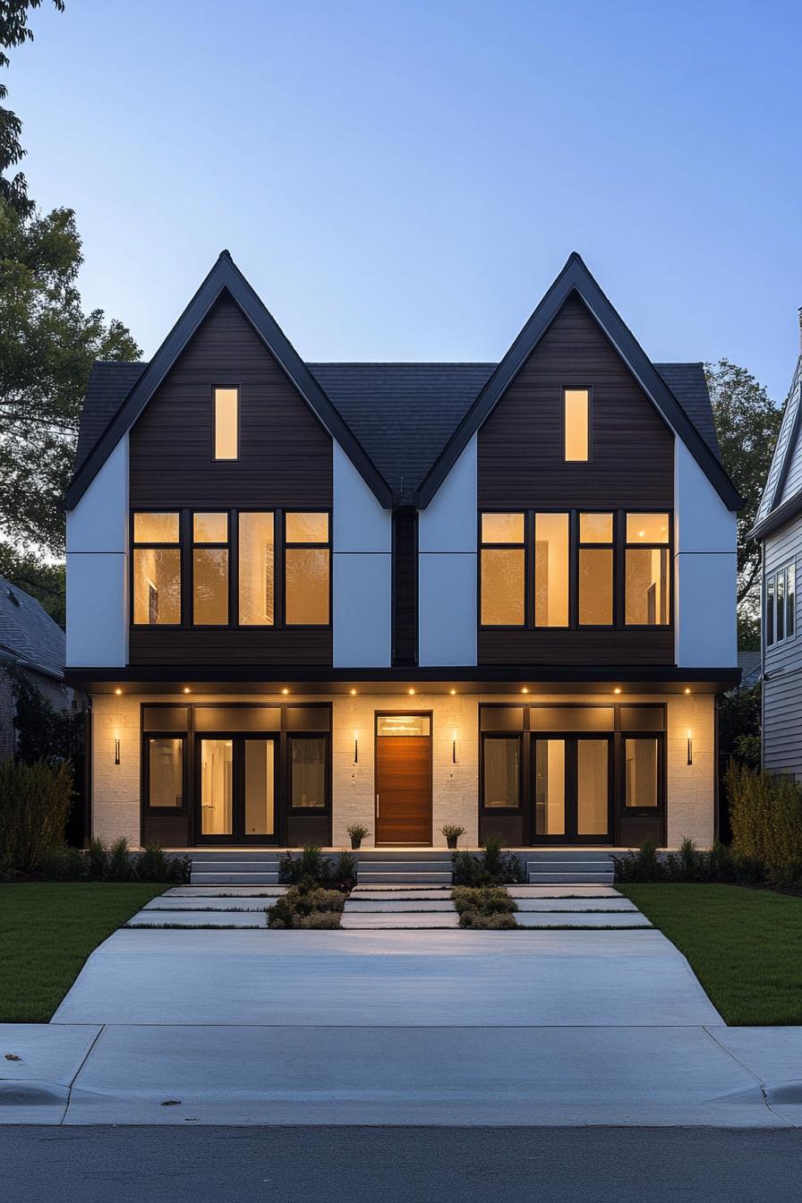 Modern brick duplex with two peaked gables at sunset