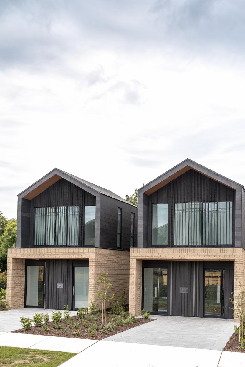 Modern black and brick duplex with matching gable roofs