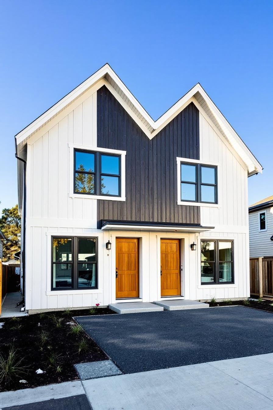 Modern duplex with contrasting facade and dual wooden doors