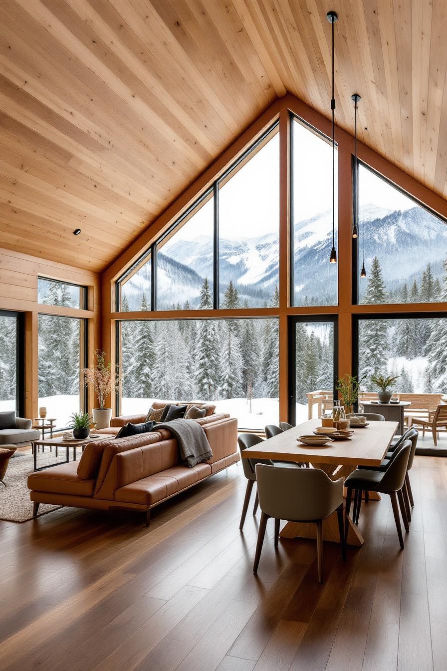 Sunny cabin interior with large windows and snowy mountain view