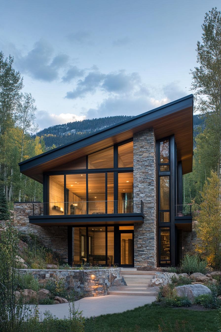 A modern mountain cabin with stone walls and large glass windows, nestled among tall trees