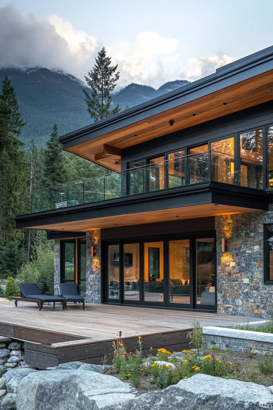 Modern cabin with large glass windows and a wooden deck