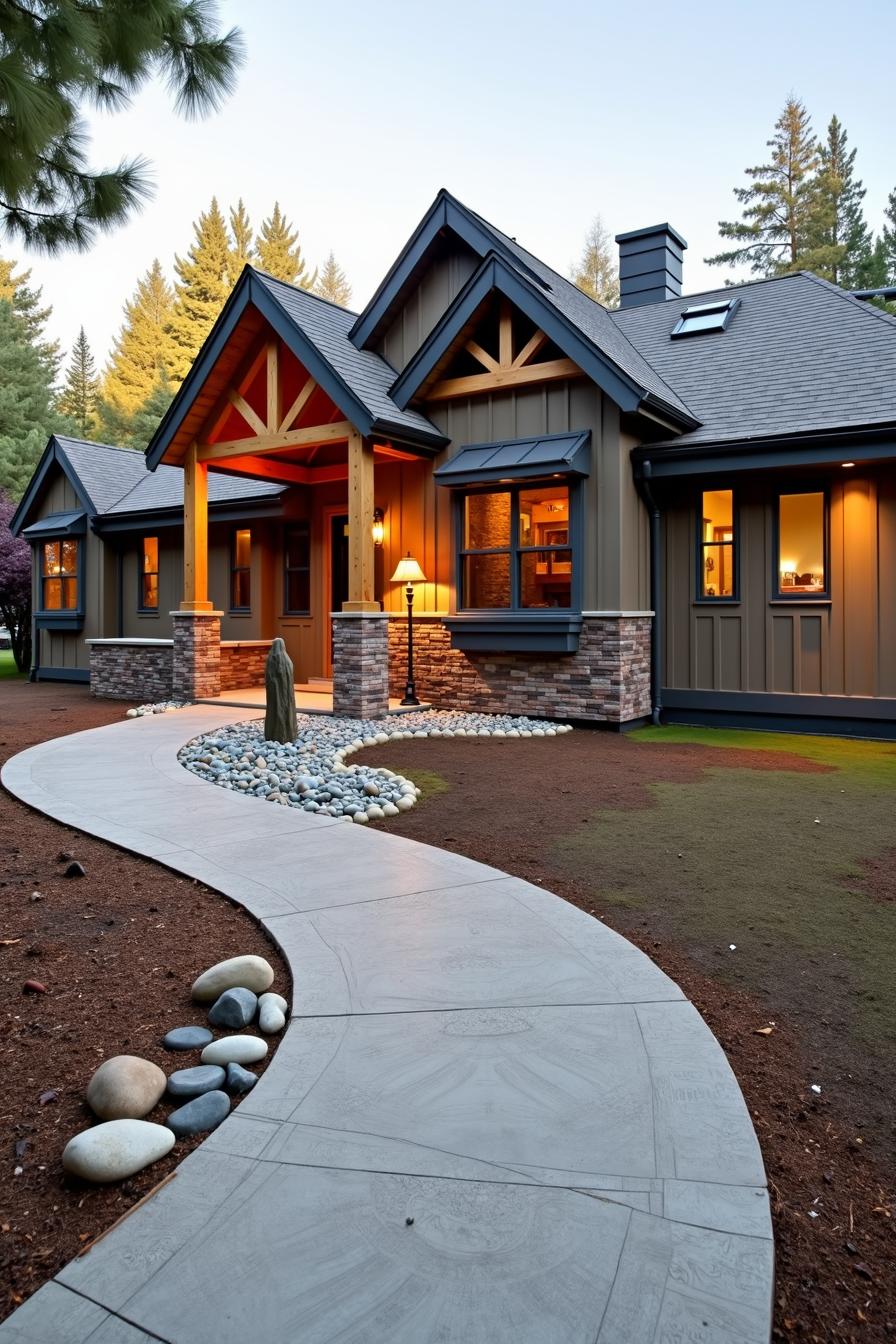 Cozy ranch house with a gabled roof and a winding path