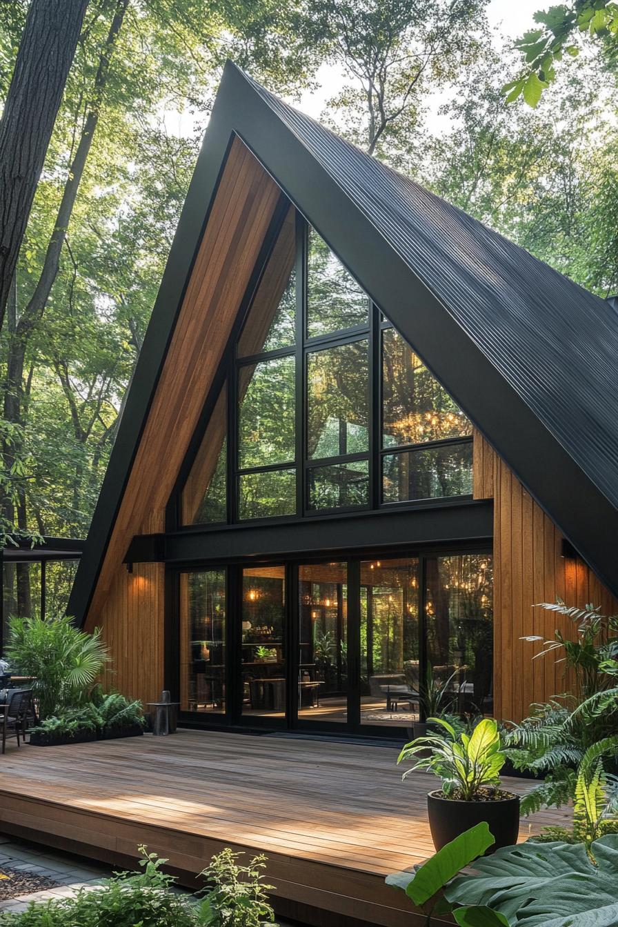 Wooden A-frame cabin amidst lush greenery