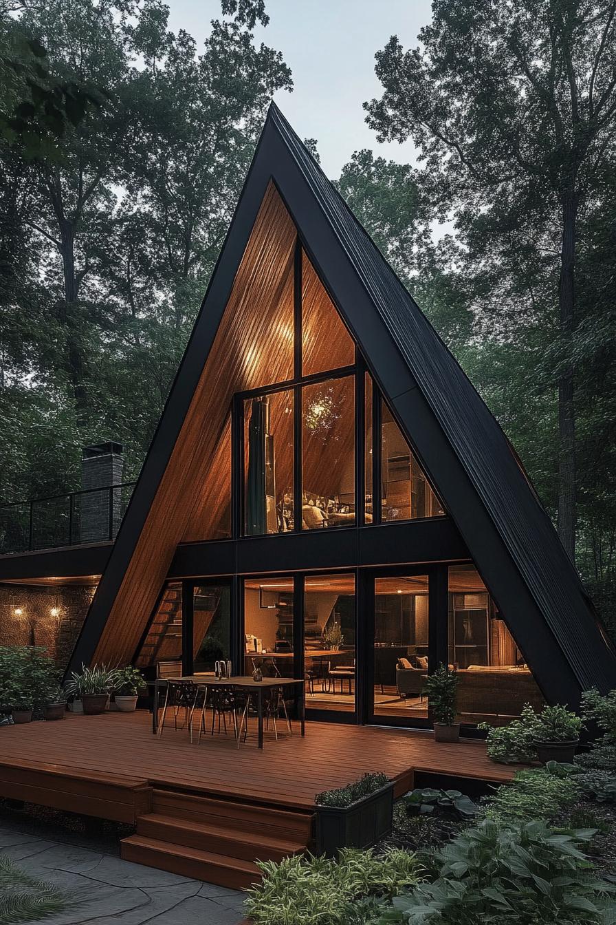 A modern A-frame house amidst lush forest