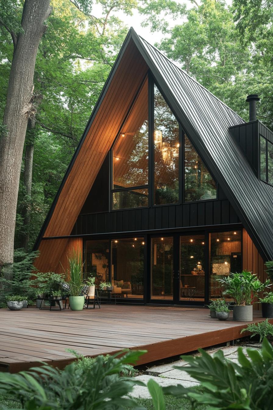 A modern A-frame house surrounded by lush greenery