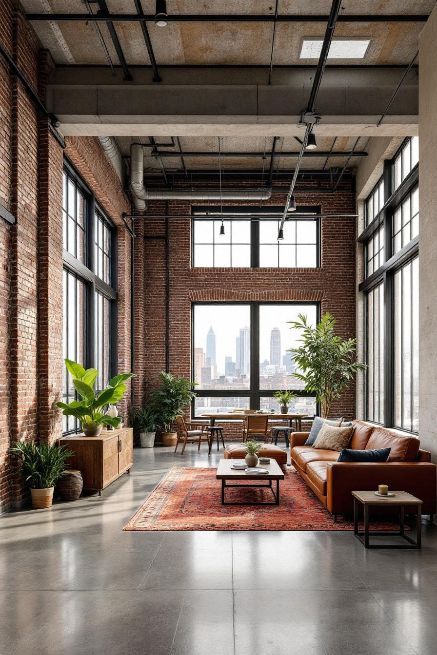 Loft apartment with large windows and urban view