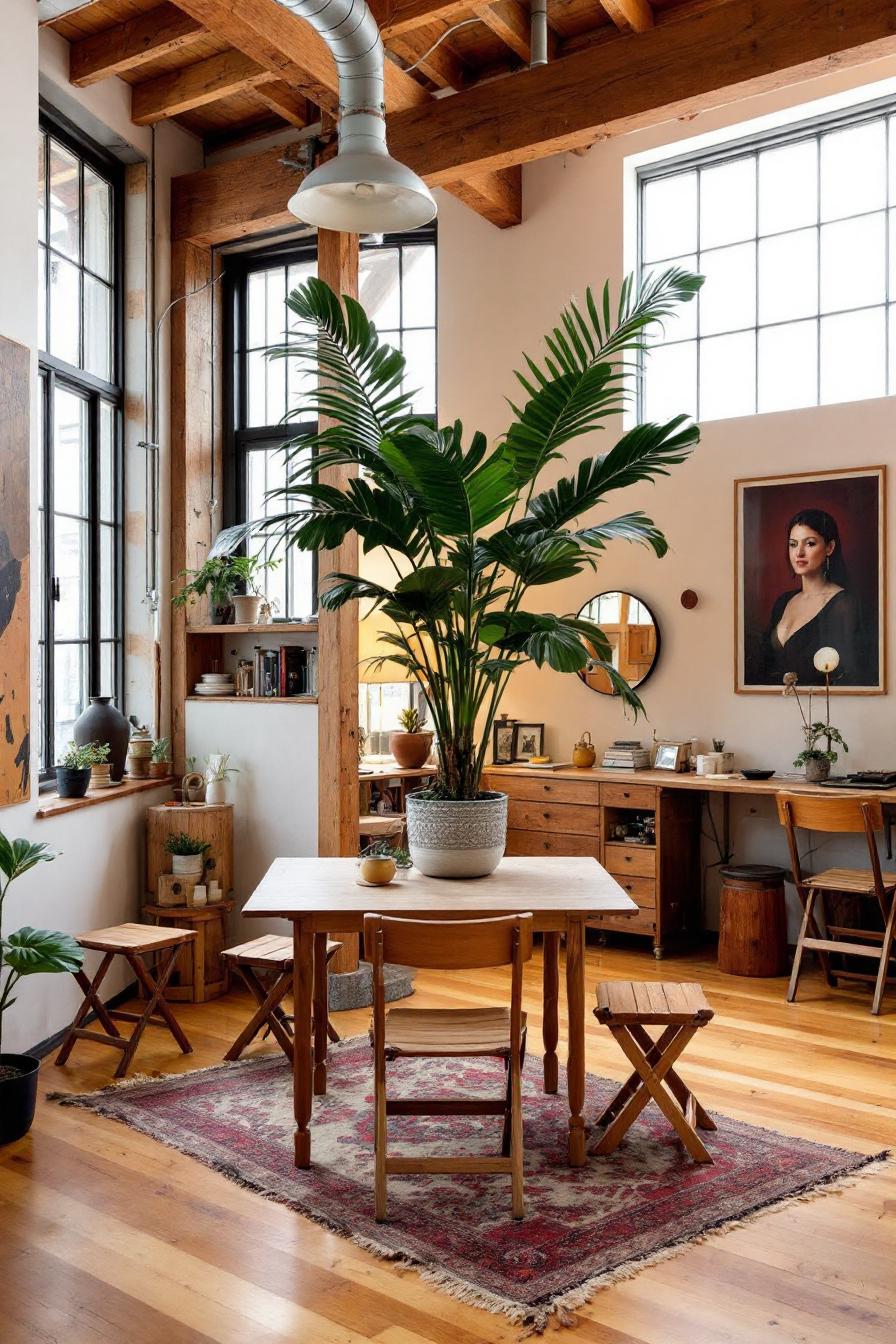 Cozy loft space with wooden beams and houseplants