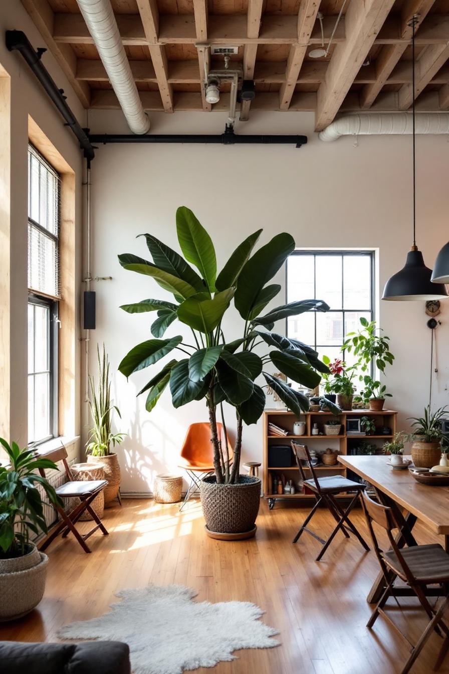 Brightly lit loft with lush plants and chic wooden furniture