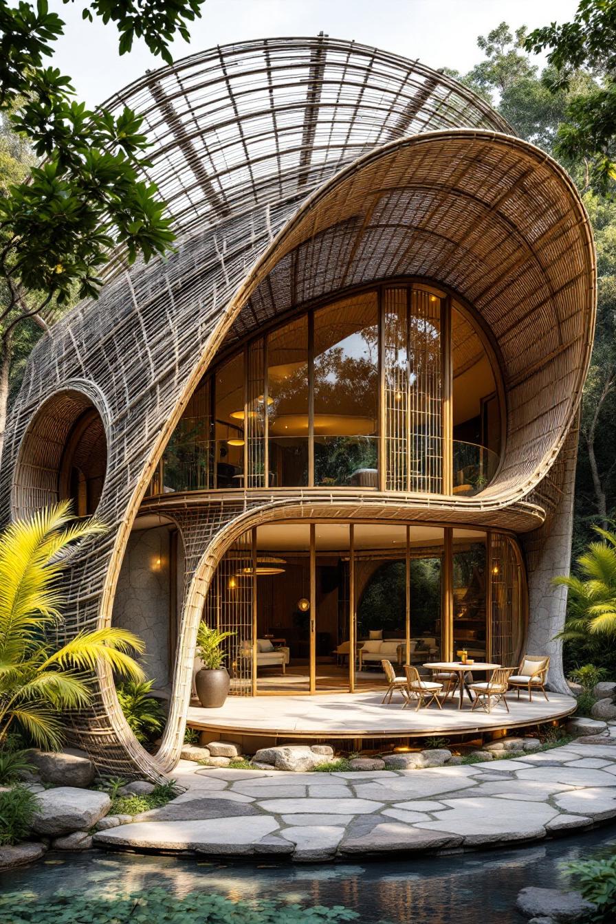 Bamboo house with a unique curved design amidst lush greenery