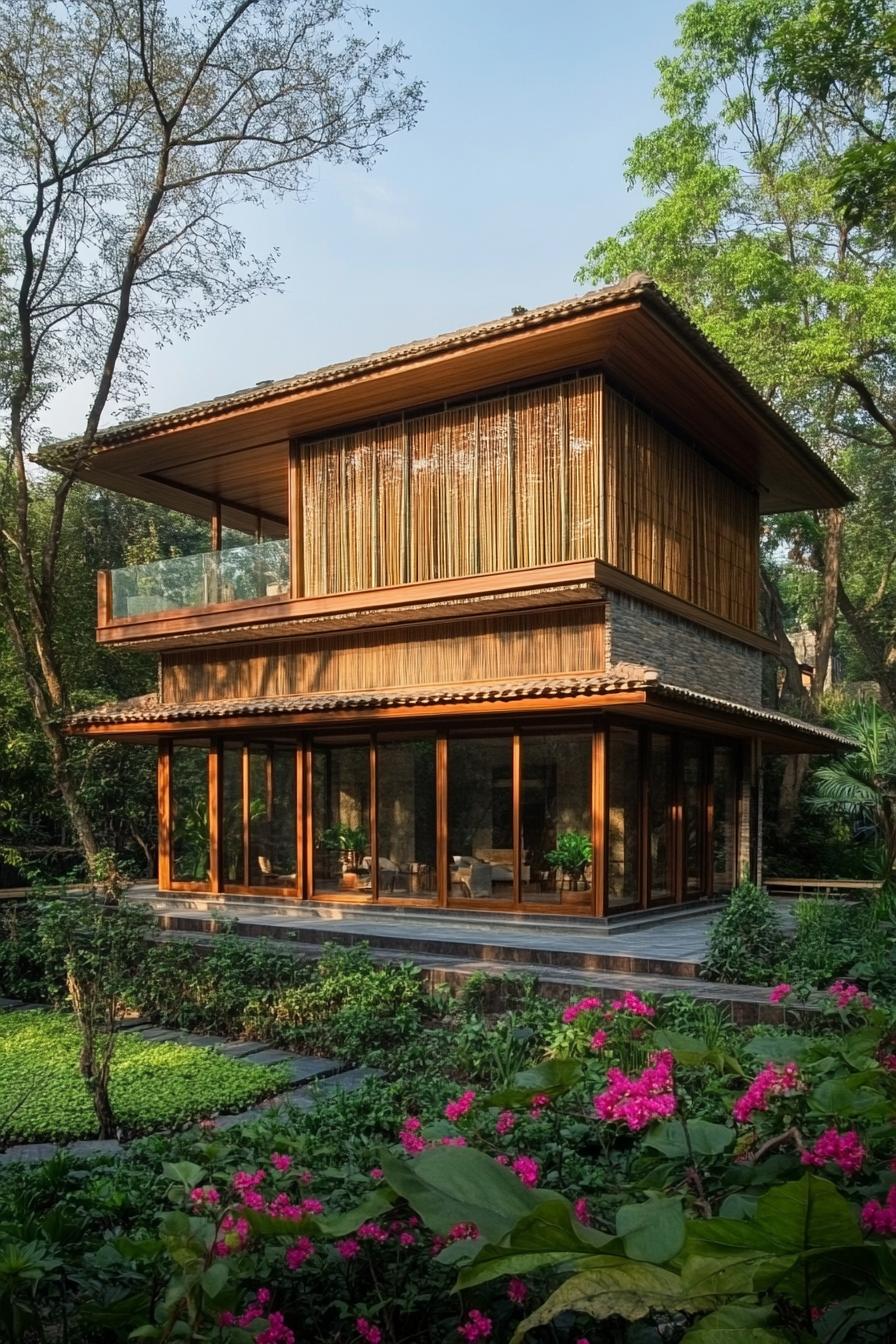 Cozy bamboo house in lush greenery